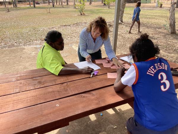 Three people sitting at outdoor table